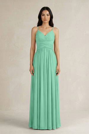 A - Line Pleated Spaghetti Strap Chiffon Bridesmaid Dress in Turquoise - SHE IS ME Bridesmaid Dresses