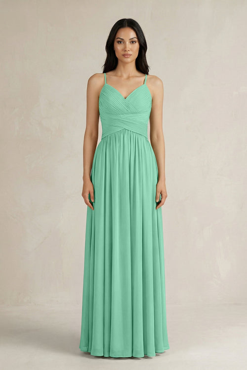 A - Line Pleated Spaghetti Strap Chiffon Bridesmaid Dress in Turquoise - SHE IS ME Bridesmaid Dresses