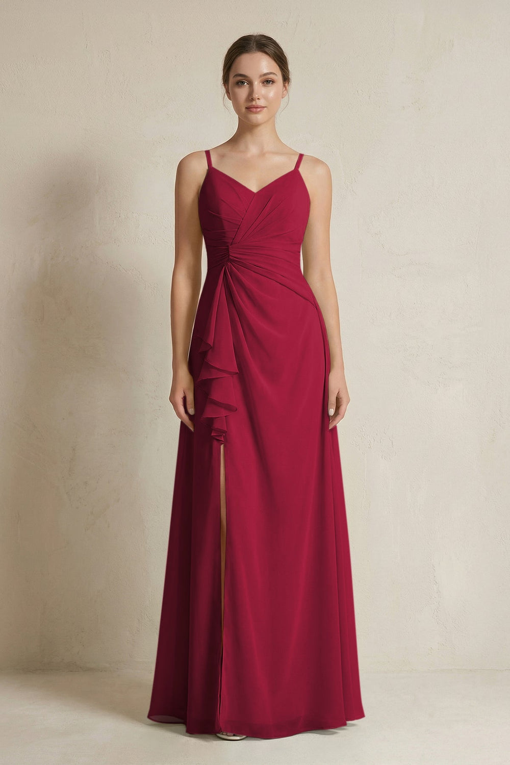 A - Line Ruffled Spaghetti Strap Chiffon Bridesmaid Dress in Berry - SHE IS ME Bridesmaid Dresses