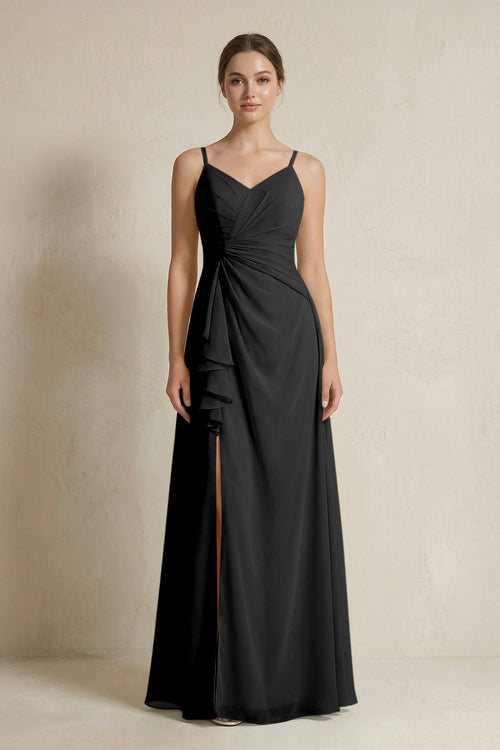 A - Line Ruffled Spaghetti Strap Chiffon Bridesmaid Dress in Black - SHE IS ME Bridesmaid Dresses