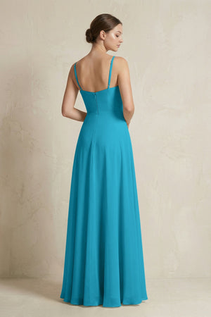 A - Line Ruffled Spaghetti Strap Chiffon Bridesmaid Dress in Blue Jay - SHE IS ME Bridesmaid Dresses