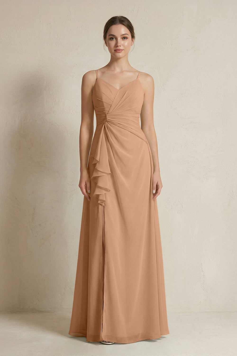 A - Line Ruffled Spaghetti Strap Chiffon Bridesmaid Dress in Bronzer - SHE IS ME Bridesmaid Dresses