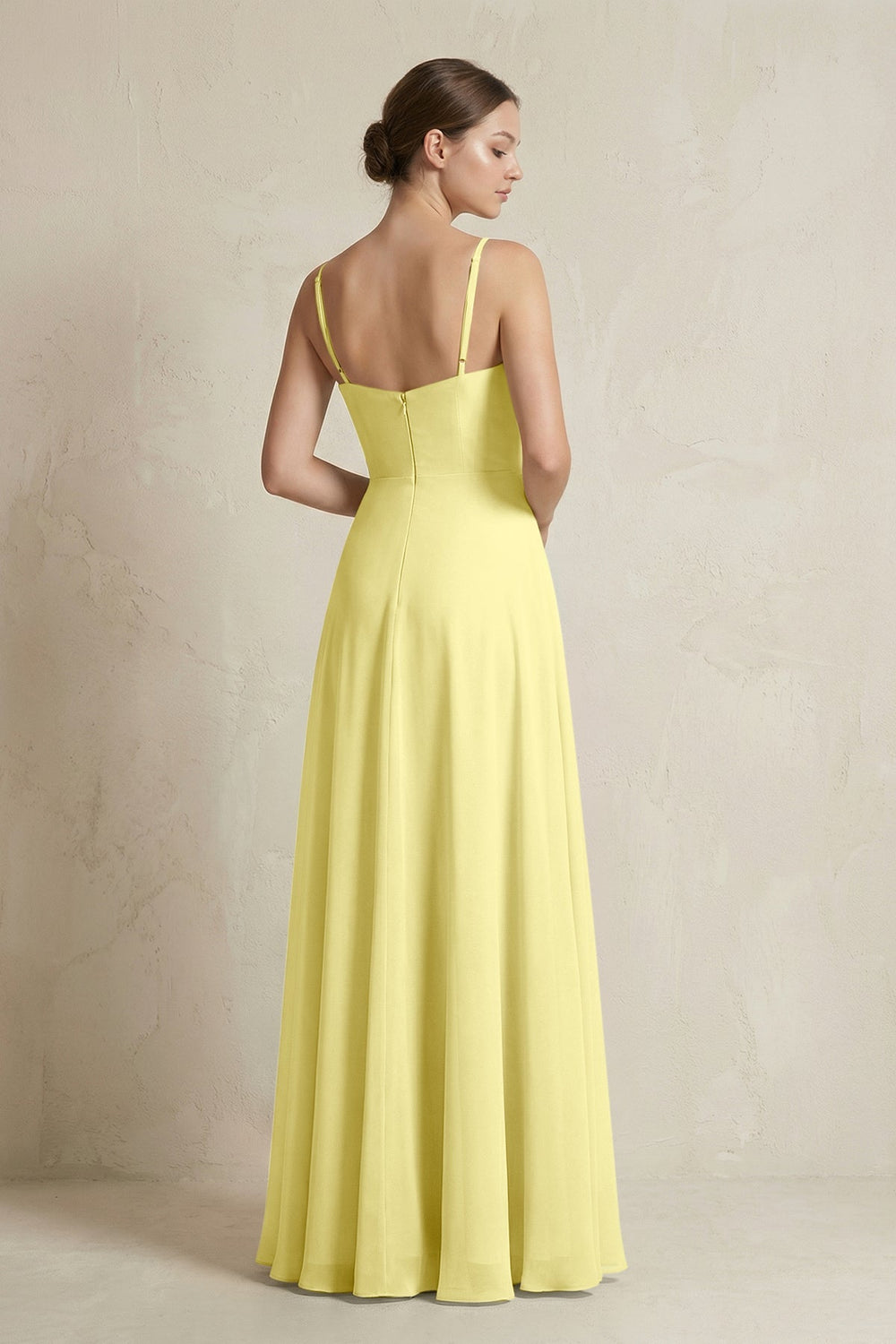 A - Line Ruffled Spaghetti Strap Chiffon Bridesmaid Dress in Buttercup - SHE IS ME Bridesmaid Dresses