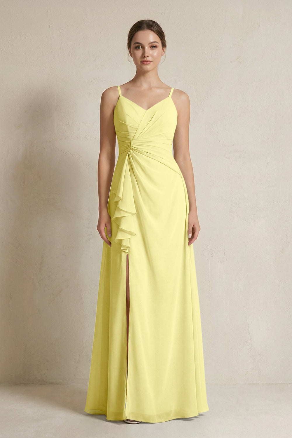 A - Line Ruffled Spaghetti Strap Chiffon Bridesmaid Dress in Buttercup - SHE IS ME Bridesmaid Dresses