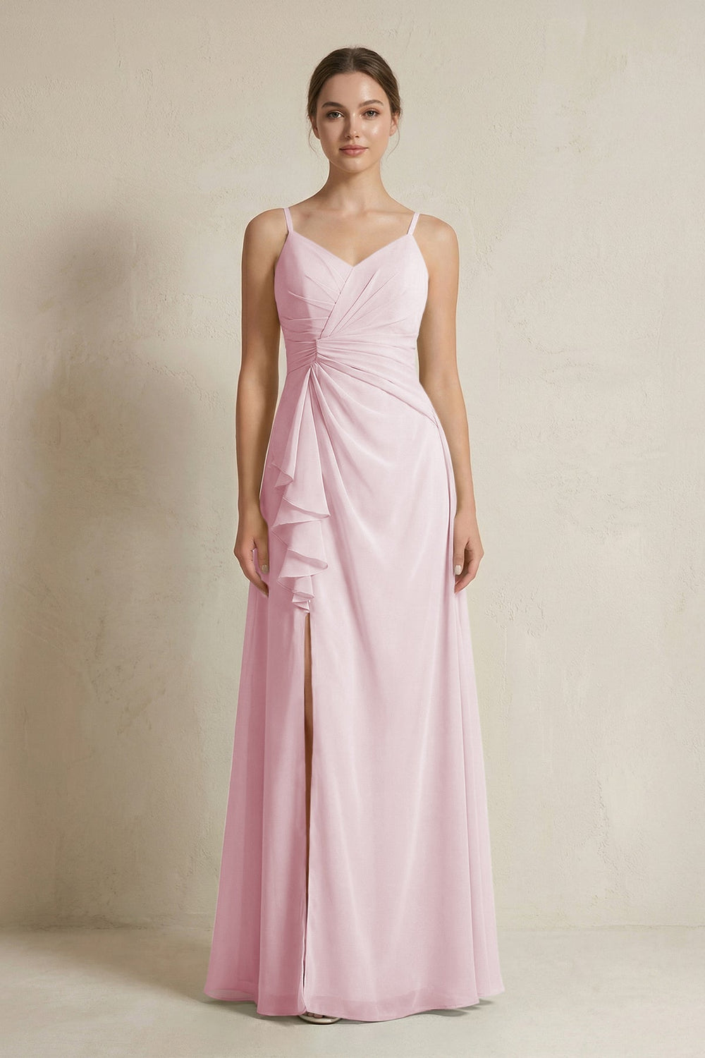 A - Line Ruffled Spaghetti Strap Chiffon Bridesmaid Dress in Candy Pink - SHE IS ME Bridesmaid Dresses
