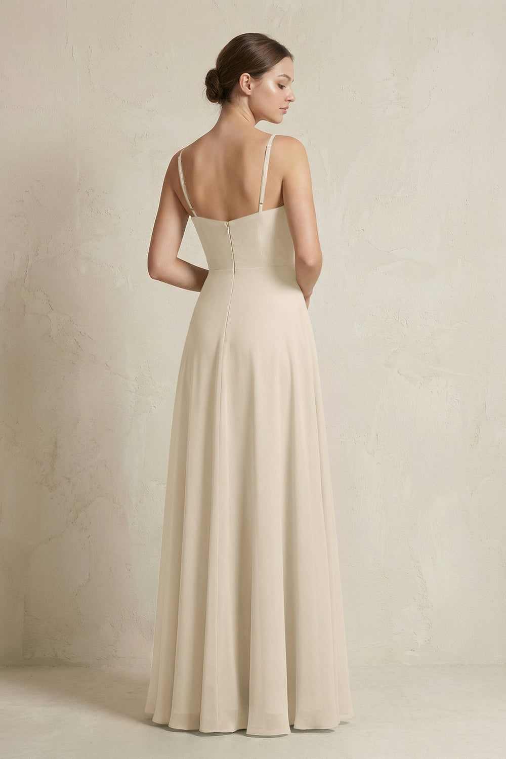 A - Line Ruffled Spaghetti Strap Chiffon Bridesmaid Dress in Champagne - SHE IS ME Bridesmaid Dresses