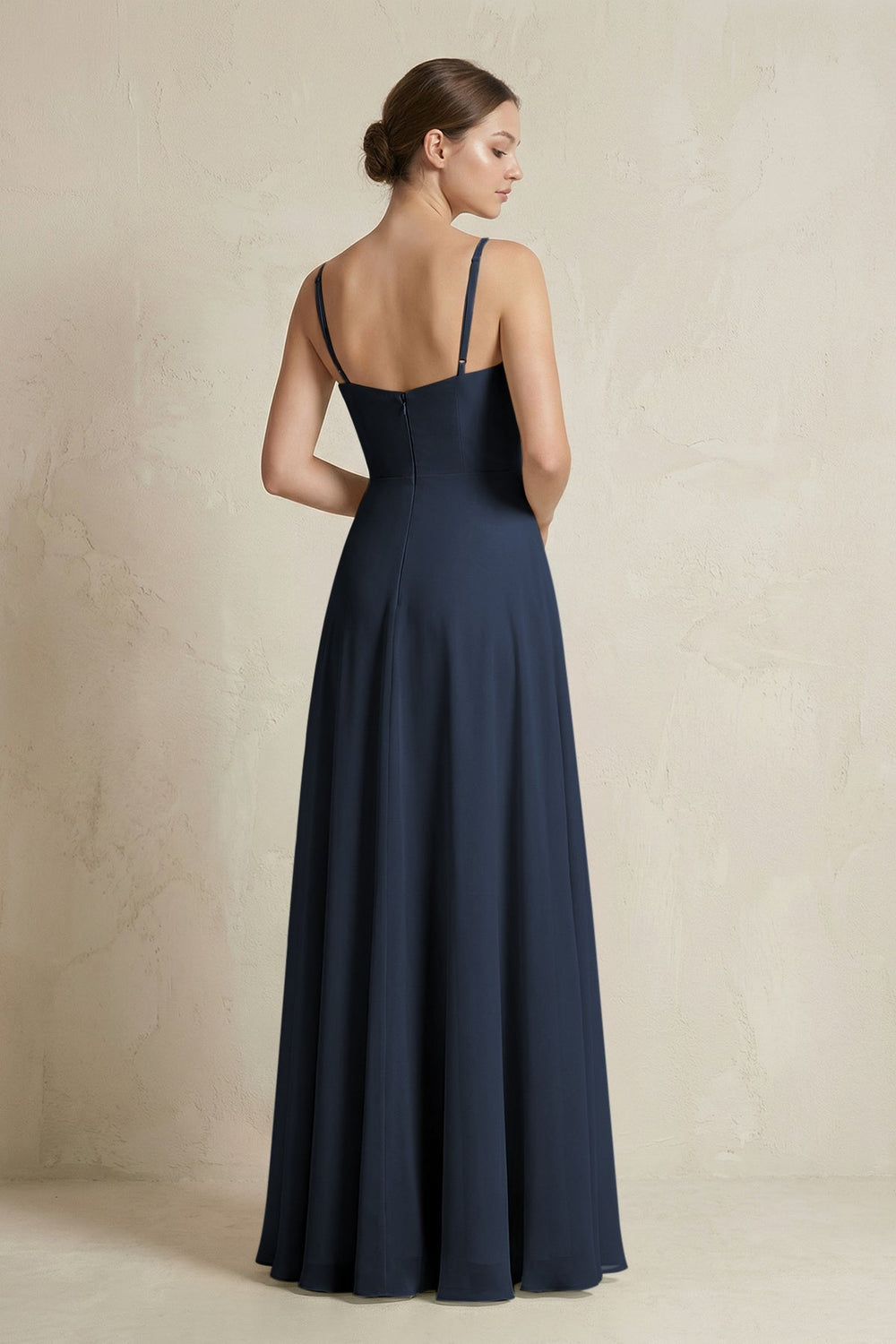 A - Line Ruffled Spaghetti Strap Chiffon Bridesmaid Dress in Dark Navy - SHE IS ME Bridesmaid Dresses