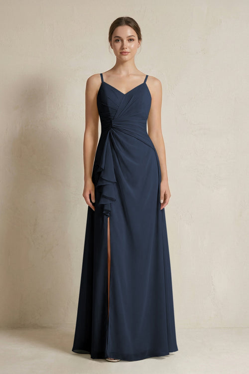 A - Line Ruffled Spaghetti Strap Chiffon Bridesmaid Dress in Dark Navy - SHE IS ME Bridesmaid Dresses