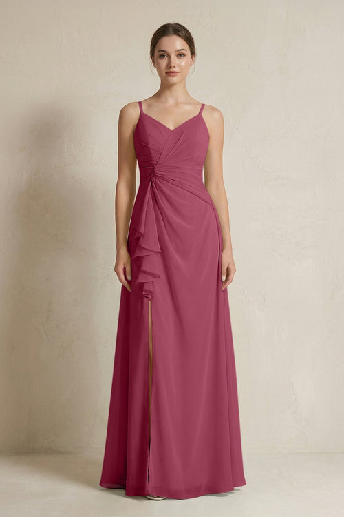 A - Line Ruffled Spaghetti Strap Chiffon Bridesmaid Dress in Desert Rose - SHE IS ME Bridesmaid Dresses