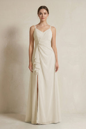 A - Line Ruffled Spaghetti Strap Chiffon Bridesmaid Dress in Dove Gray - SHE IS ME Bridesmaid Dresses