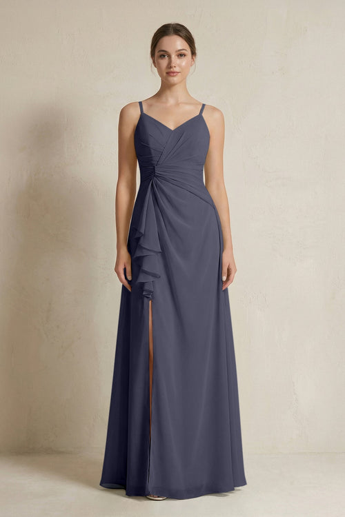 A - Line Ruffled Spaghetti Strap Chiffon Bridesmaid Dress in Dusk Blue - SHE IS ME Bridesmaid Dresses