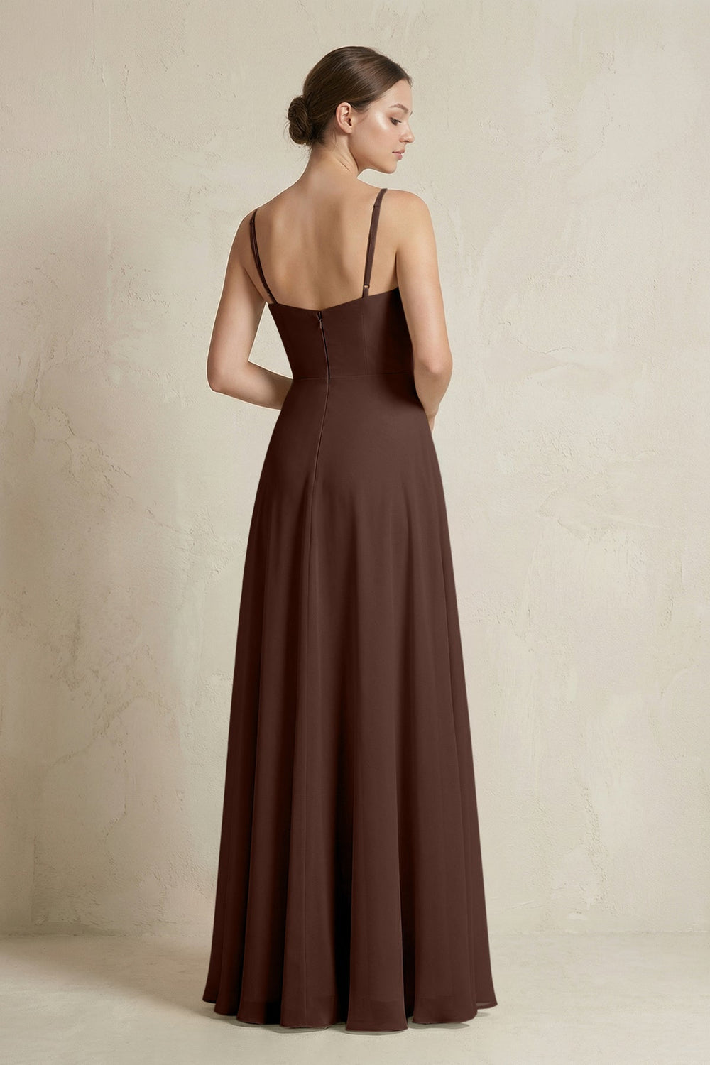 A - Line Ruffled Spaghetti Strap Chiffon Bridesmaid Dress in Espresso - SHE IS ME Bridesmaid Dresses