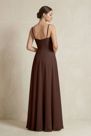 A - Line Ruffled Spaghetti Strap Chiffon Bridesmaid Dress in Espresso - SHE IS ME Bridesmaid Dresses