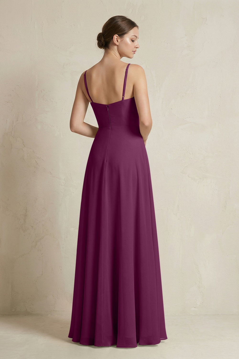 A - Line Ruffled Spaghetti Strap Chiffon Bridesmaid Dress in Fig - SHE IS ME Bridesmaid Dresses