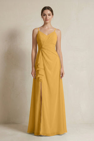 A - Line Ruffled Spaghetti Strap Chiffon Bridesmaid Dress in Marigold - SHE IS ME Bridesmaid Dresses