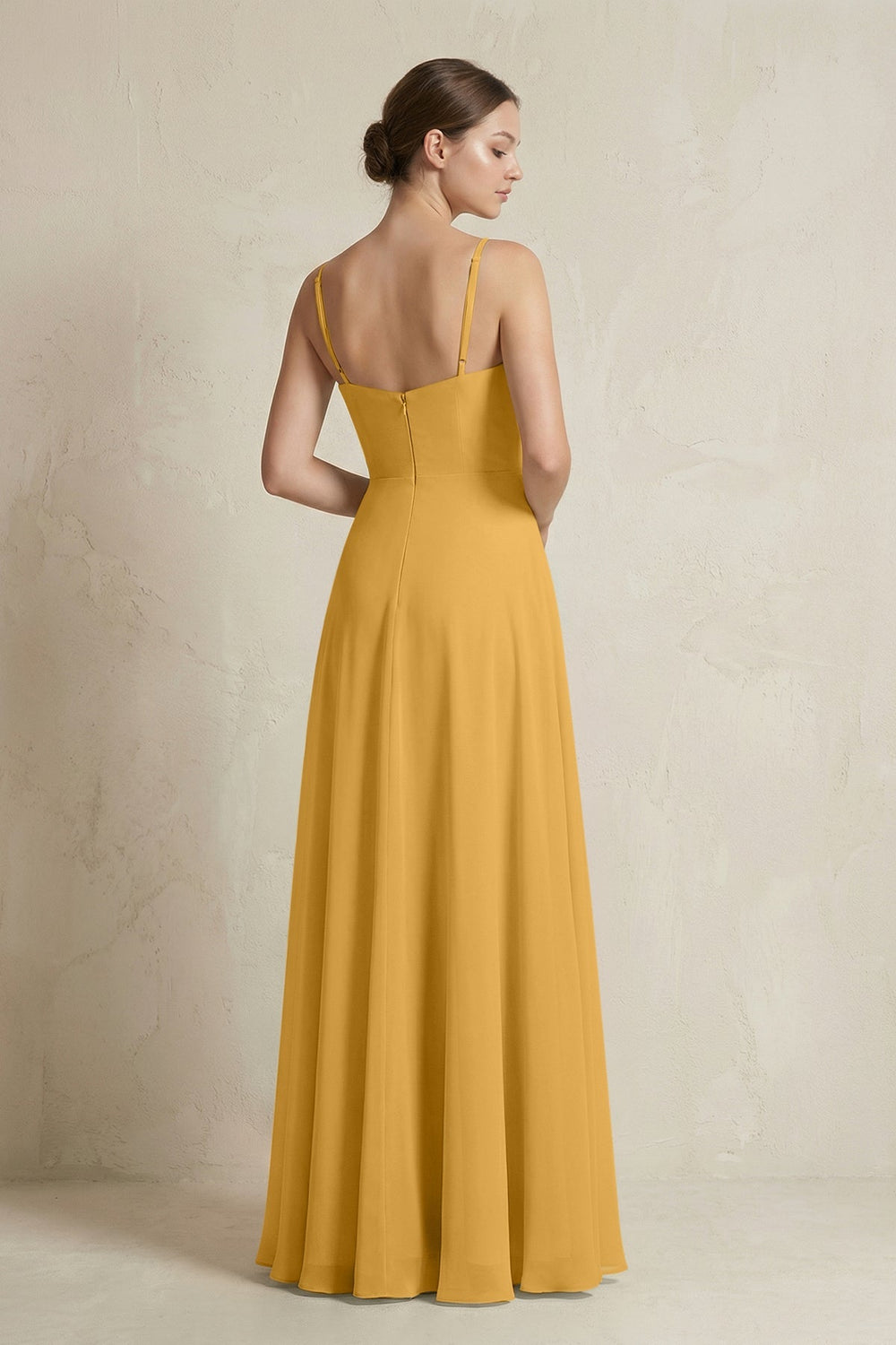 A - Line Ruffled Spaghetti Strap Chiffon Bridesmaid Dress in Marigold - SHE IS ME Bridesmaid Dresses