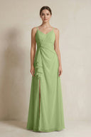 A - Line Ruffled Spaghetti Strap Chiffon Bridesmaid Dress in Matcha - SHE IS ME Bridesmaid Dresses