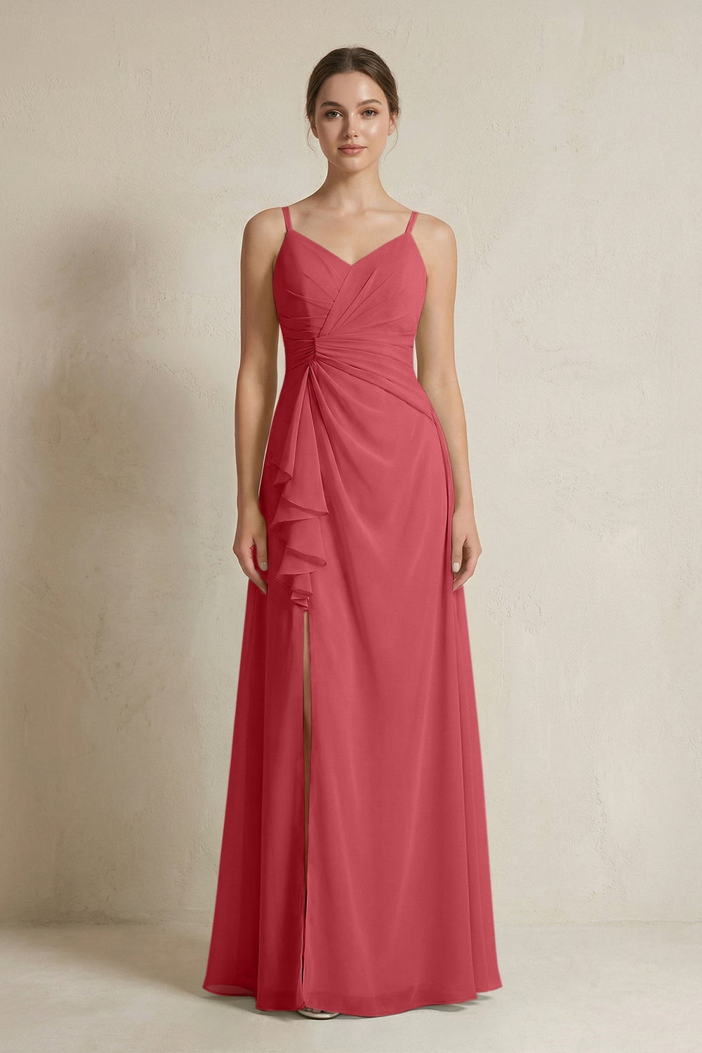 A - Line Ruffled Spaghetti Strap Chiffon Bridesmaid Dress in Merlot - SHE IS ME Bridesmaid Dresses