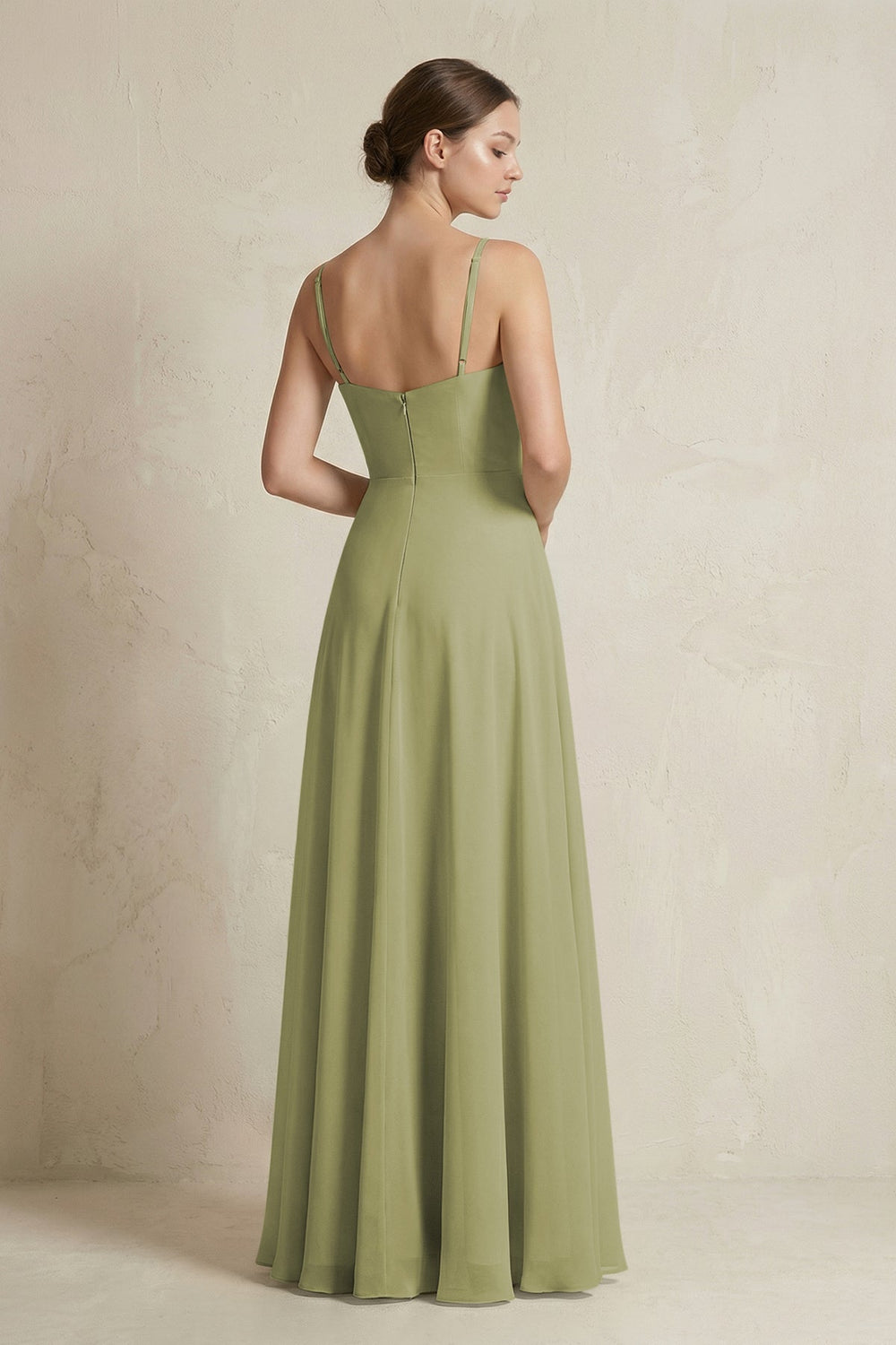 A - Line Ruffled Spaghetti Strap Chiffon Bridesmaid Dress in Moss Green - SHE IS ME Bridesmaid Dresses
