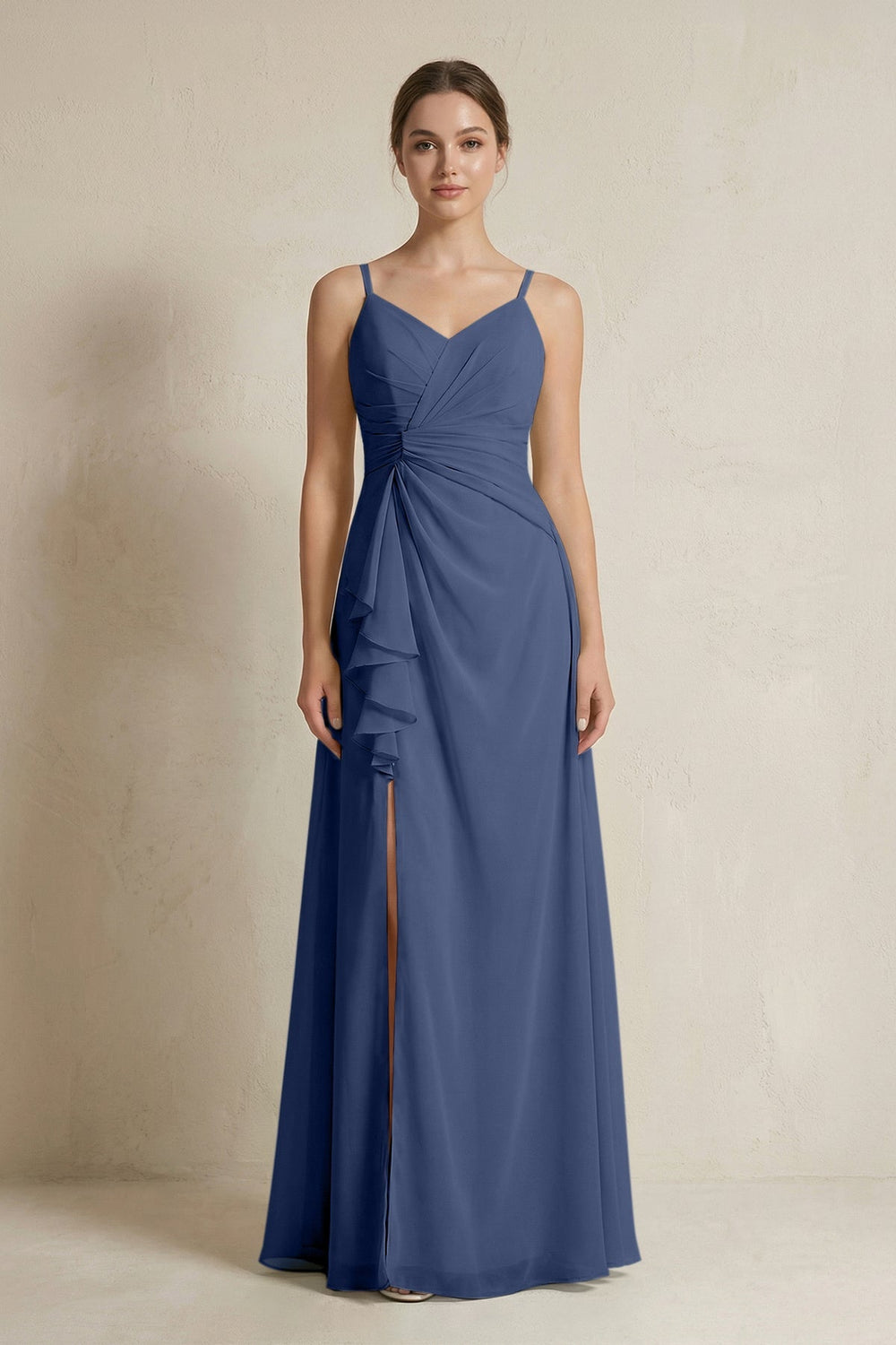 A - Line Ruffled Spaghetti Strap Chiffon Bridesmaid Dress in Navy - SHE IS ME Bridesmaid Dresses