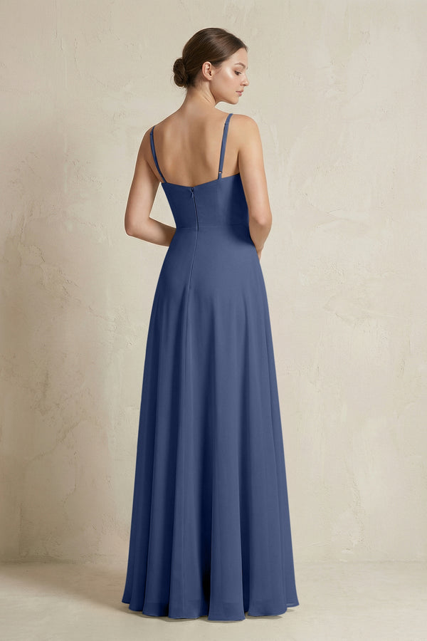 A - Line Ruffled Spaghetti Strap Chiffon Bridesmaid Dress in Navy - SHE IS ME Bridesmaid Dresses