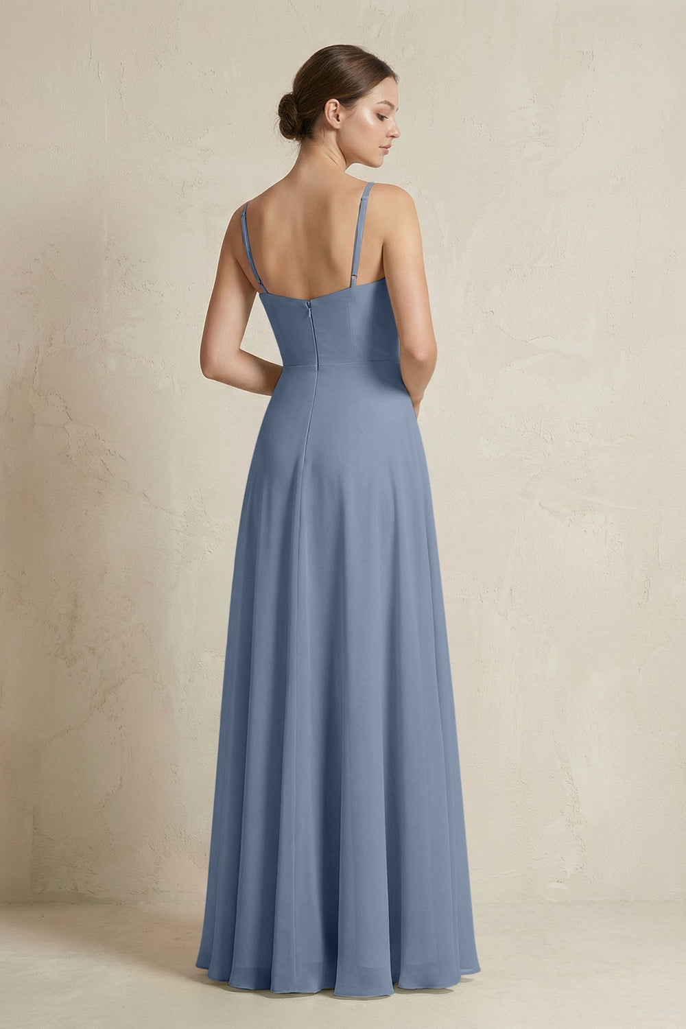 A - Line Ruffled Spaghetti Strap Chiffon Bridesmaid Dress in Neptune - SHE IS ME Bridesmaid Dresses