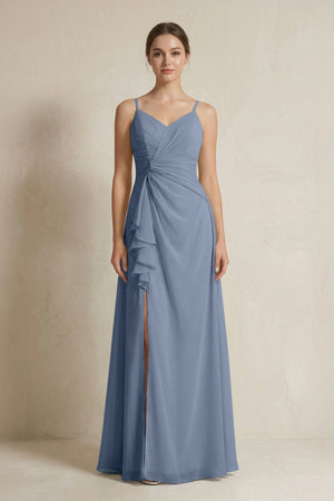 A - Line Ruffled Spaghetti Strap Chiffon Bridesmaid Dress in Neptune - SHE IS ME Bridesmaid Dresses