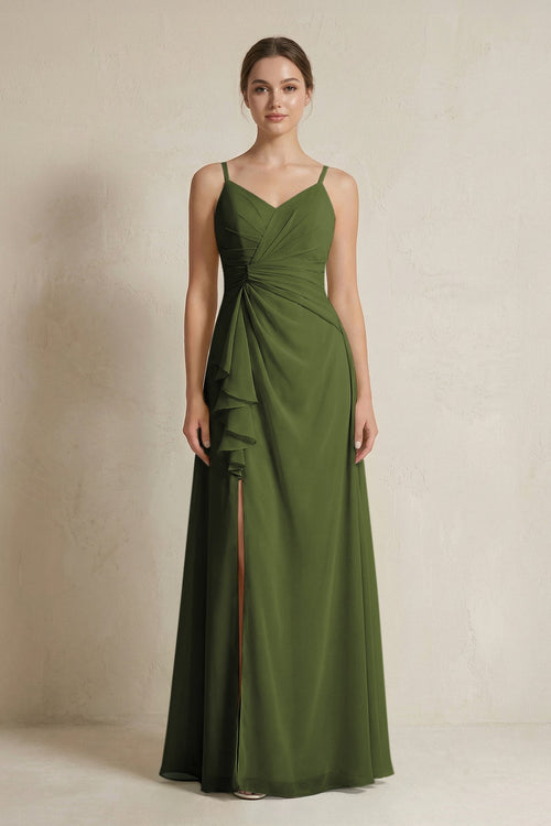 A - Line Ruffled Spaghetti Strap Chiffon Bridesmaid Dress in Olive - SHE IS ME Bridesmaid Dresses