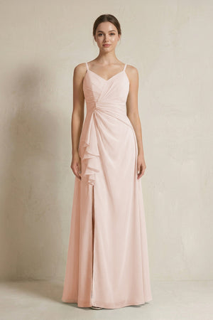 A - Line Ruffled Spaghetti Strap Chiffon Bridesmaid Dress in Pale Blush - SHE IS ME Bridesmaid Dresses