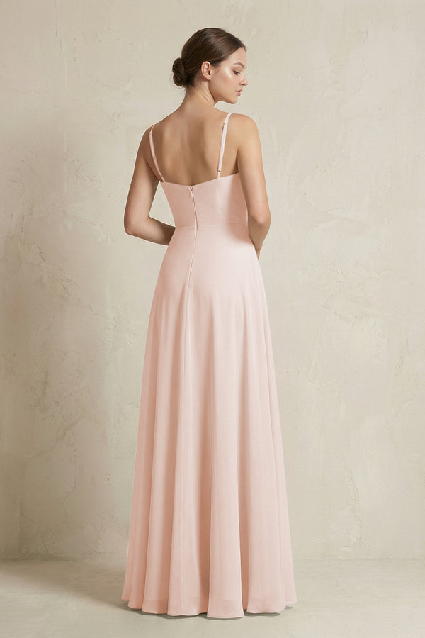 A - Line Ruffled Spaghetti Strap Chiffon Bridesmaid Dress in Pale Blush - SHE IS ME Bridesmaid Dresses