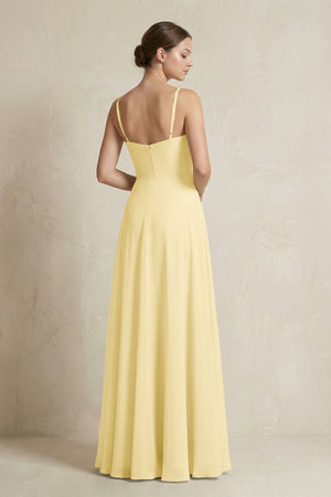 A - Line Ruffled Spaghetti Strap Chiffon Bridesmaid Dress in Pastel Yellow - SHE IS ME Bridesmaid Dresses