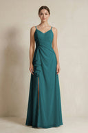 A - Line Ruffled Spaghetti Strap Chiffon Bridesmaid Dress in Pine - SHE IS ME Bridesmaid Dresses