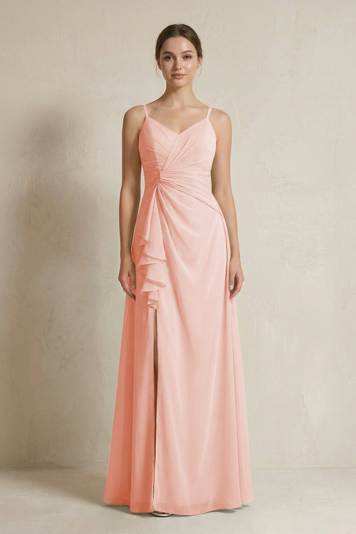 A - Line Ruffled Spaghetti Strap Chiffon Bridesmaid Dress in Rose Petal - SHE IS ME Bridesmaid Dresses