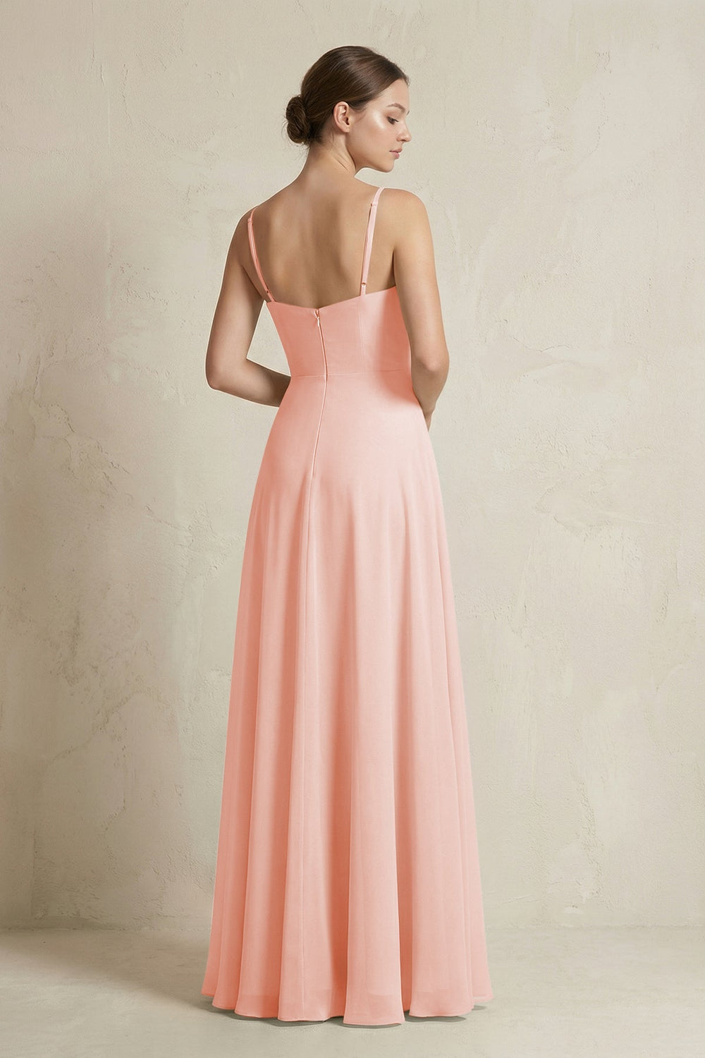 A - Line Ruffled Spaghetti Strap Chiffon Bridesmaid Dress in Rose Petal - SHE IS ME Bridesmaid Dresses