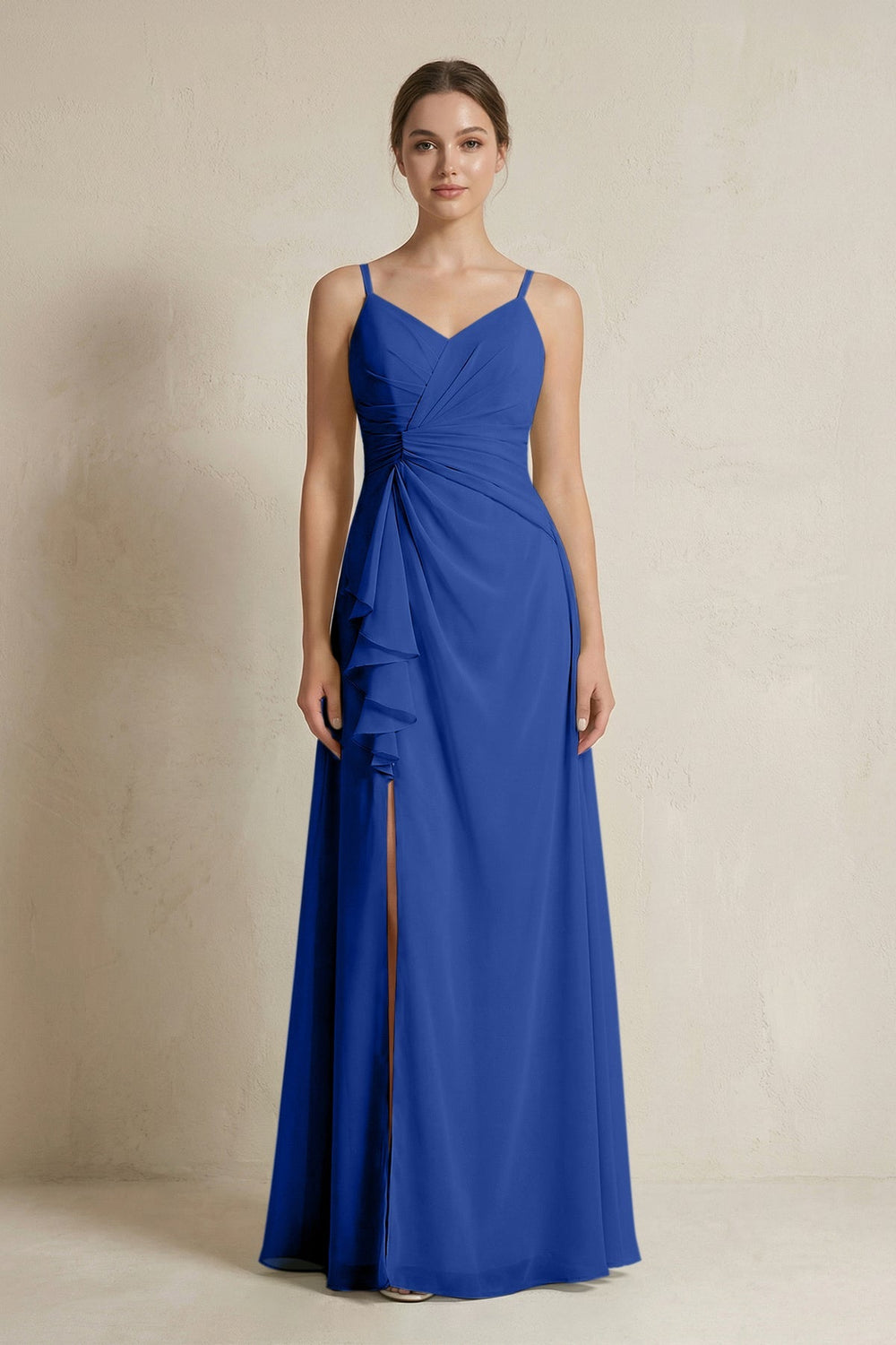 A - Line Ruffled Spaghetti Strap Chiffon Bridesmaid Dress in Royal Blue - SHE IS ME Bridesmaid Dresses