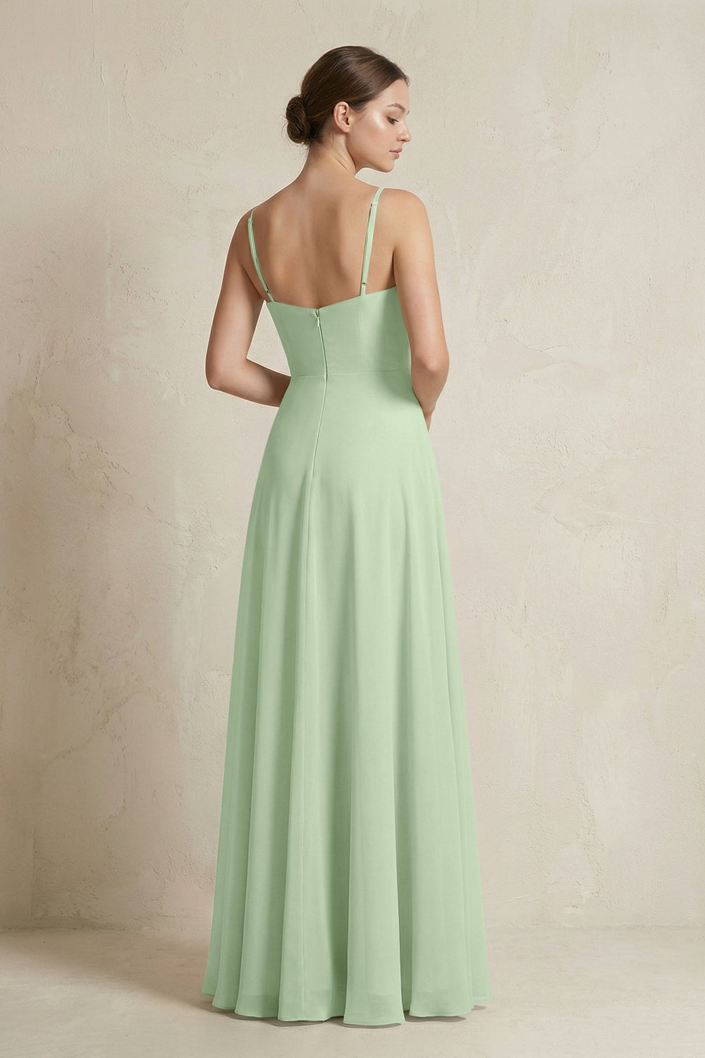 A - Line Ruffled Spaghetti Strap Chiffon Bridesmaid Dress in Sage - SHE IS ME Bridesmaid Dresses