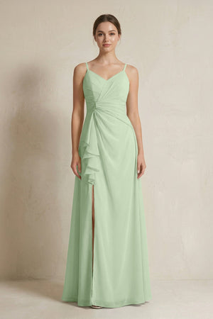 A - Line Ruffled Spaghetti Strap Chiffon Bridesmaid Dress in Sage - SHE IS ME Bridesmaid Dresses