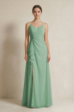 A - Line Ruffled Spaghetti Strap Chiffon Bridesmaid Dress in Sea Glass - SHE IS ME Bridesmaid Dresses