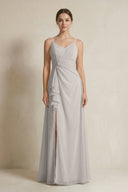 A - Line Ruffled Spaghetti Strap Chiffon Bridesmaid Dress in Silver - SHE IS ME Bridesmaid Dresses