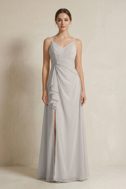 A - Line Ruffled Spaghetti Strap Chiffon Bridesmaid Dress in Silver - SHE IS ME Bridesmaid Dresses