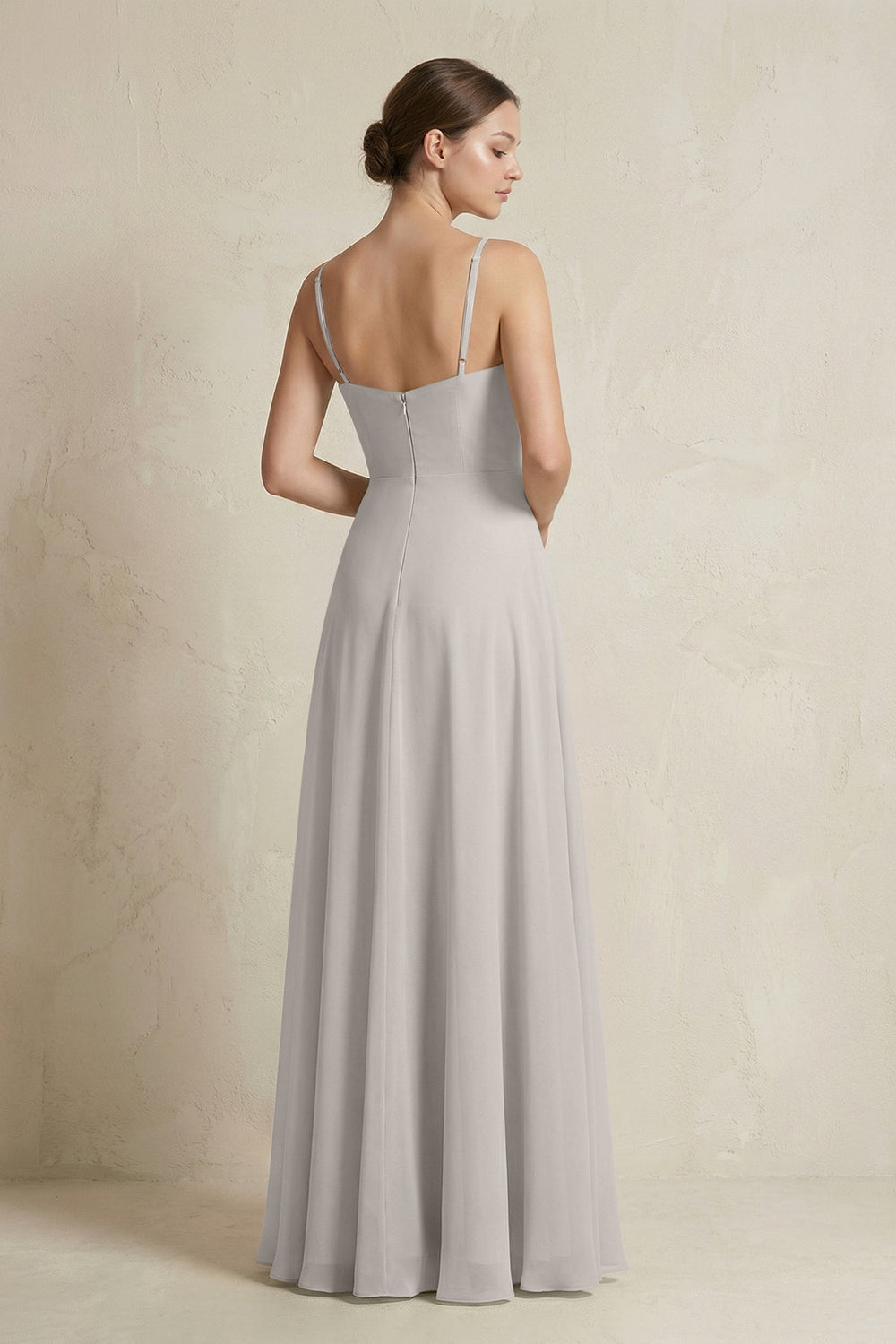 A - Line Ruffled Spaghetti Strap Chiffon Bridesmaid Dress in Silver - SHE IS ME Bridesmaid Dresses