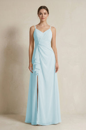A - Line Ruffled Spaghetti Strap Chiffon Bridesmaid Dress in Sky Blue - SHE IS ME Bridesmaid Dresses