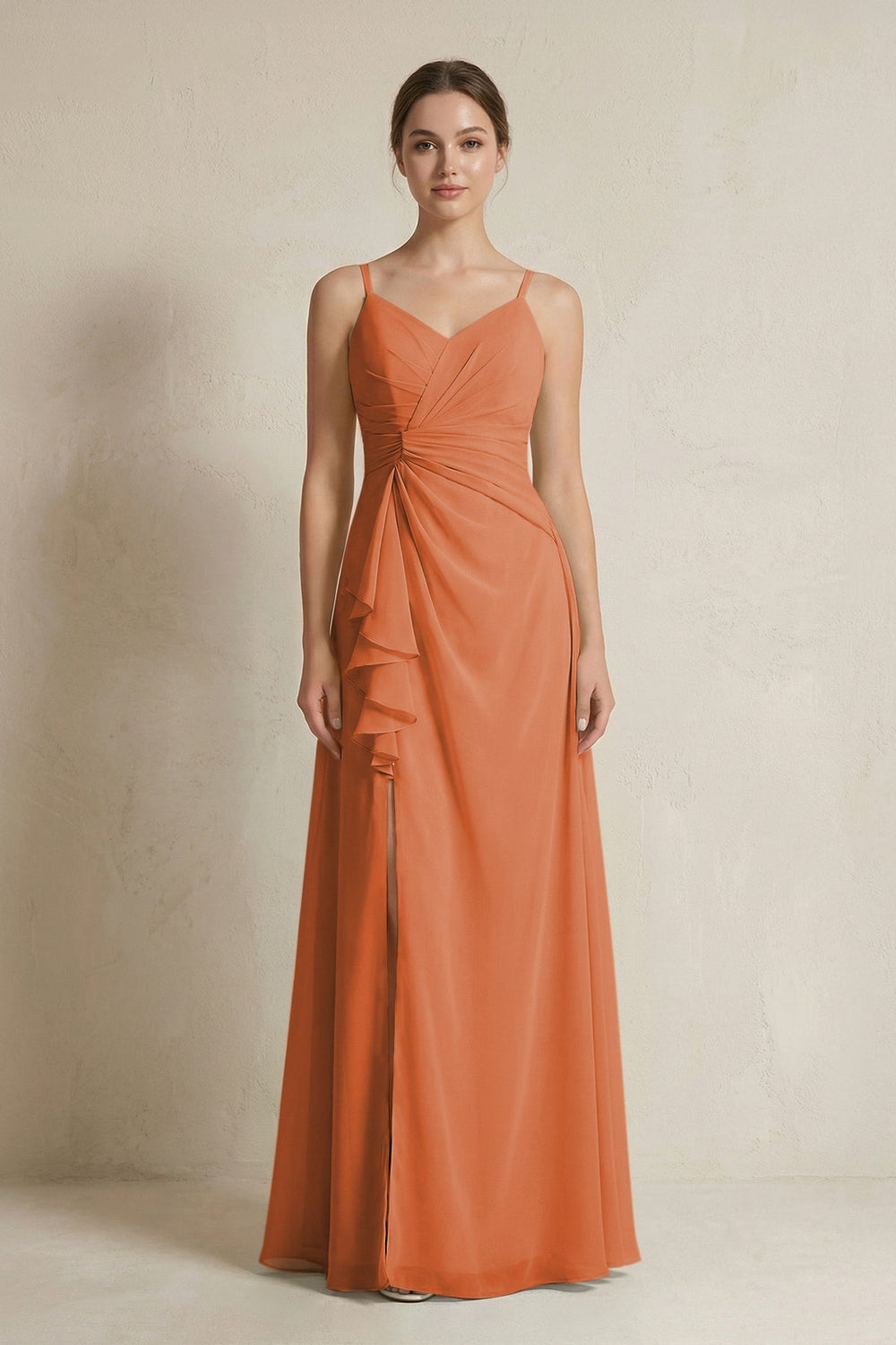 A - Line Ruffled Spaghetti Strap Chiffon Bridesmaid Dress in Terracotta - SHE IS ME Bridesmaid Dresses