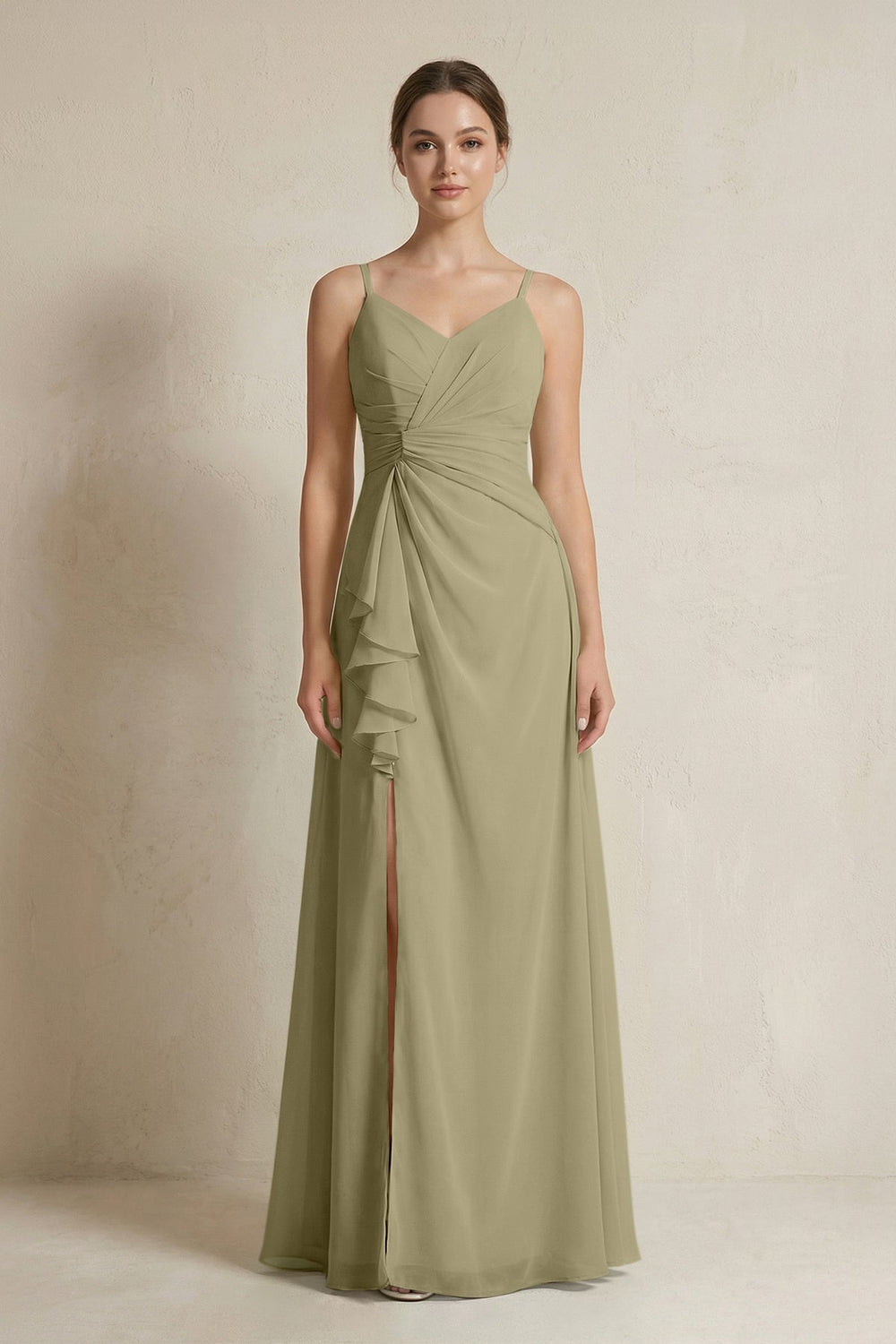 A - Line Ruffled Spaghetti Strap Chiffon Bridesmaid Dress in Thyme - SHE IS ME Bridesmaid Dresses