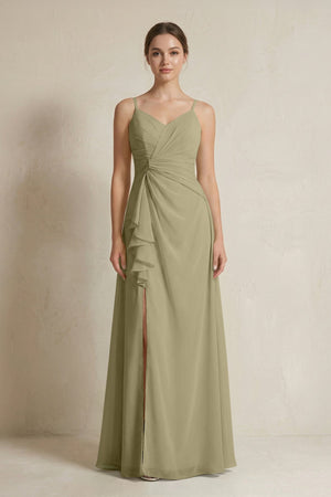 A - Line Ruffled Spaghetti Strap Chiffon Bridesmaid Dress in Thyme - SHE IS ME Bridesmaid Dresses