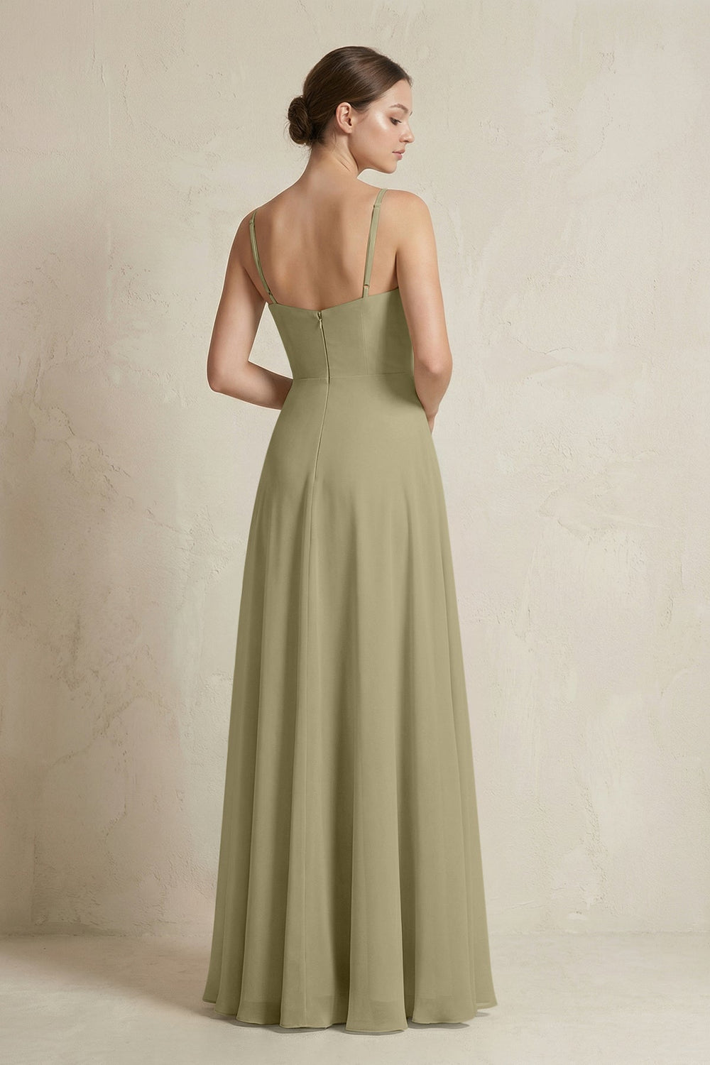 A - Line Ruffled Spaghetti Strap Chiffon Bridesmaid Dress in Thyme - SHE IS ME Bridesmaid Dresses