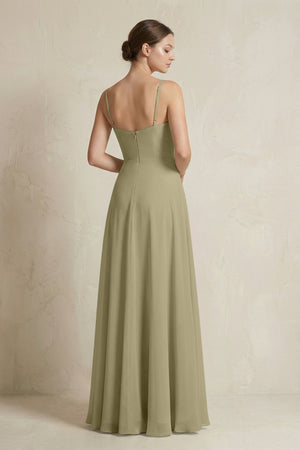 A - Line Ruffled Spaghetti Strap Chiffon Bridesmaid Dress in Thyme - SHE IS ME Bridesmaid Dresses