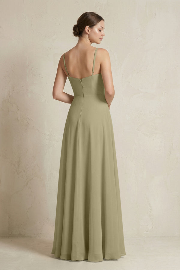 A - Line Ruffled Spaghetti Strap Chiffon Bridesmaid Dress in Thyme - SHE IS ME Bridesmaid Dresses