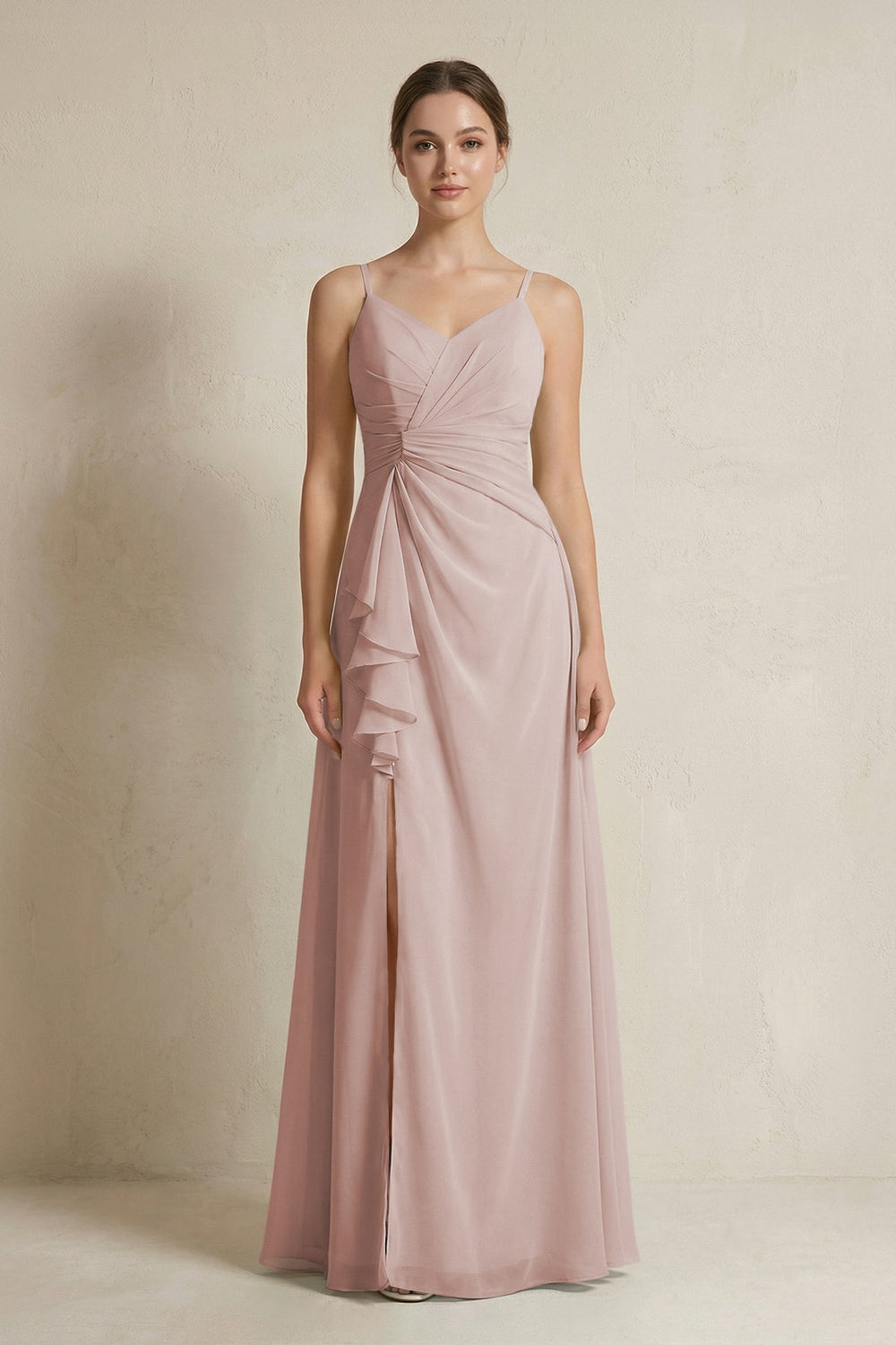 A - Line Ruffled Spaghetti Strap Chiffon Bridesmaid Dress in Toffee - SHE IS ME Bridesmaid Dresses