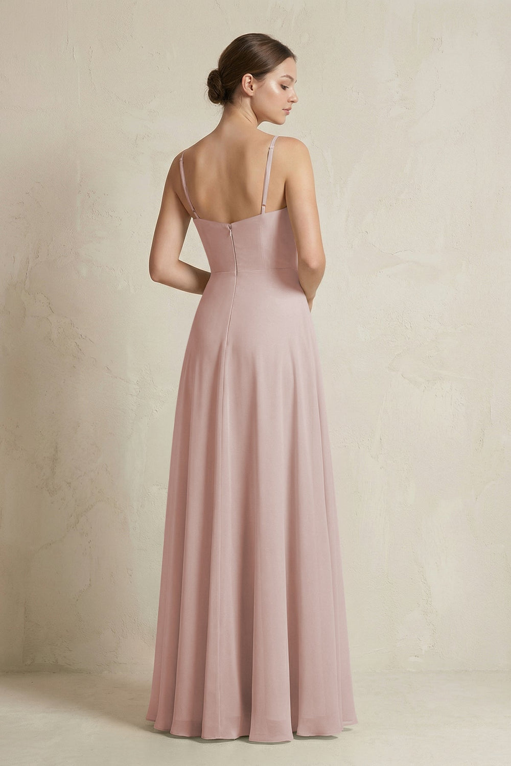 A - Line Ruffled Spaghetti Strap Chiffon Bridesmaid Dress in Toffee - SHE IS ME Bridesmaid Dresses